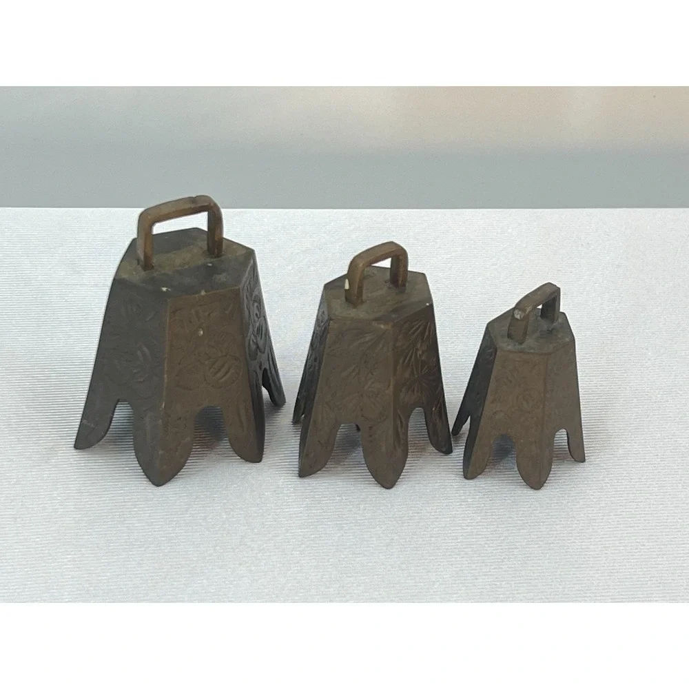 Vintage Bells of Sarna India Brass Bells Set of 3 Etched Floral Graduated